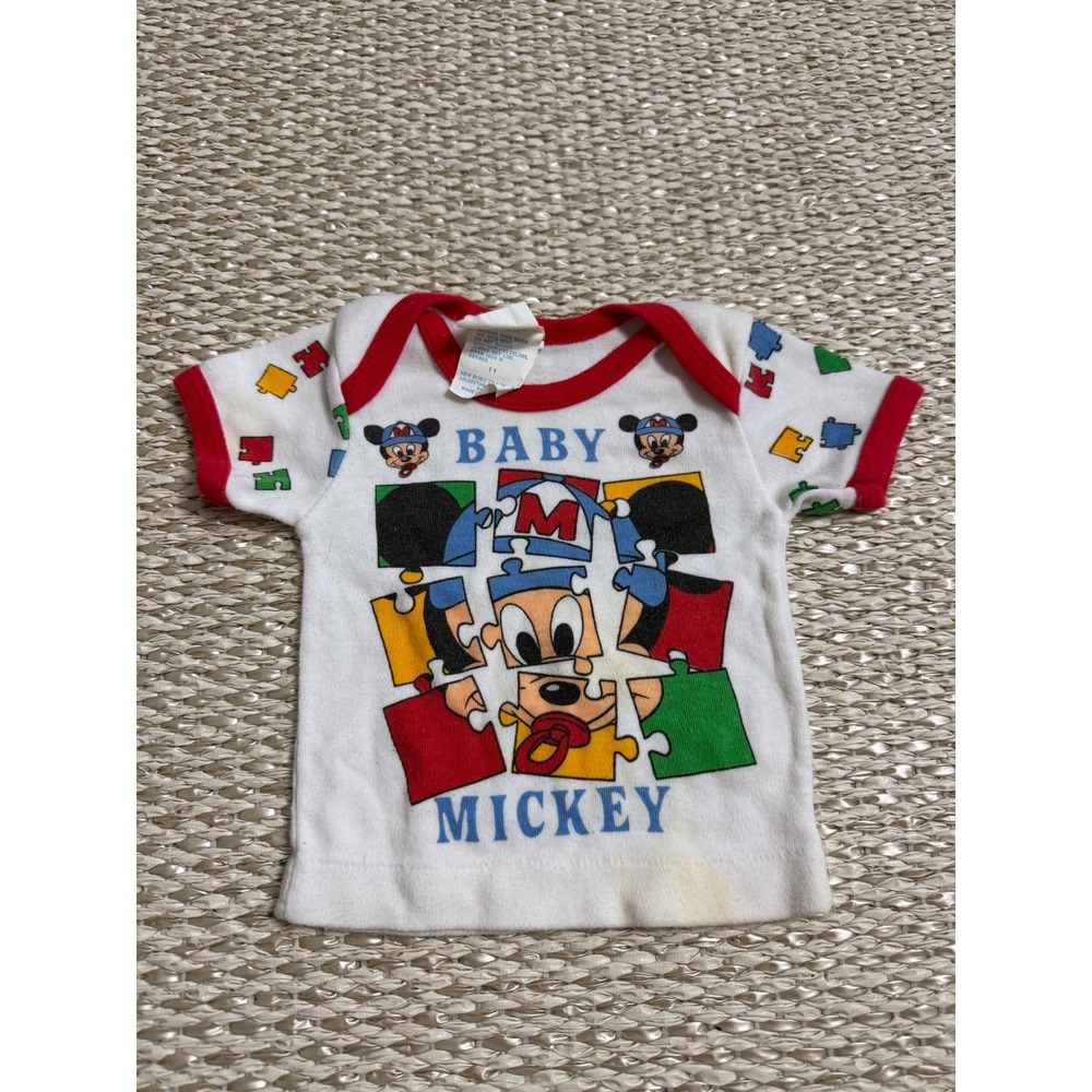 Vintage Disney Babies Mickey Mouse Puzzle Graphic Ringer T-Shirt White Red 0-6M